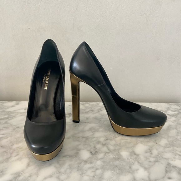 SAINT LAURENT PARIS • Black platform heel with bronze/gold heel accent size 39 - Picture 7 of 10